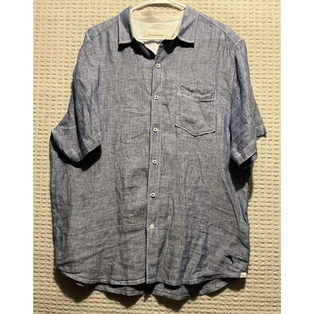 Tommy Bahama Men's Blue/white Linen Short Sleeve Shirt L Resort Beach